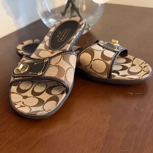 Coach Tan and Brown Signature Slide Sandals
